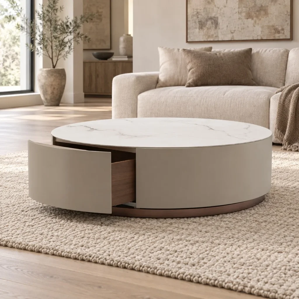 Round Sintered Stone Drum Coffee Table in ivory — front view