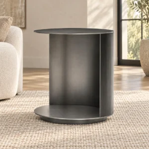 Round Grey Veneer Cylinder Side Table with Open Front, 43 cm in slate — front view