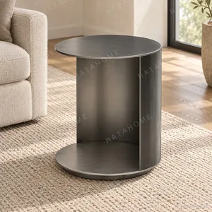 Round Grey Veneer Cylinder Side Table with Open Front, 43 cm in slate — in a room setting