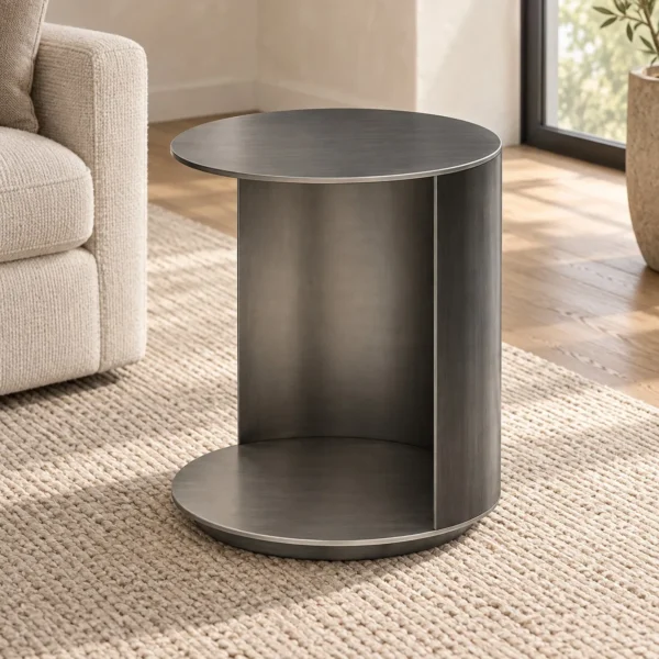 Round Grey Veneer Cylinder Side Table with Open Front, 43 cm in slate — in a room setting