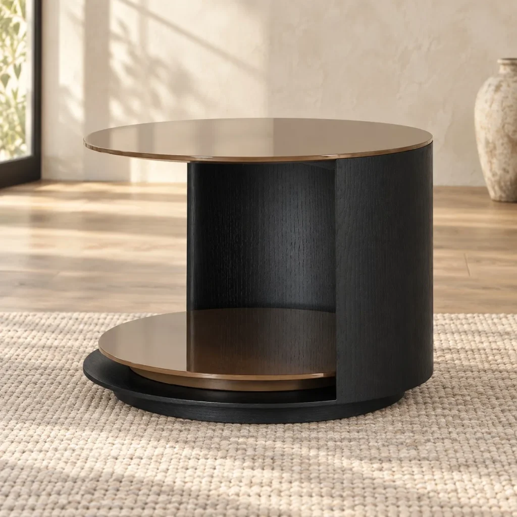 Round Black Veneer Cylinder Side Table with Walnut Shelf in black — front view