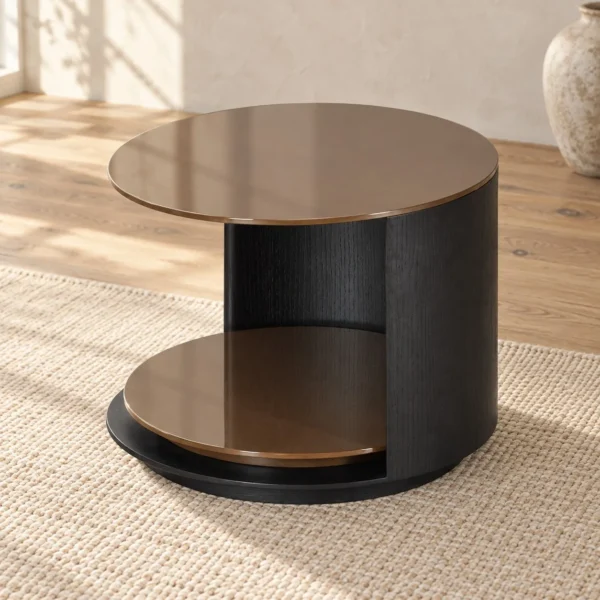 Round Black Veneer Cylinder Side Table with Walnut Shelf in black — in a room setting