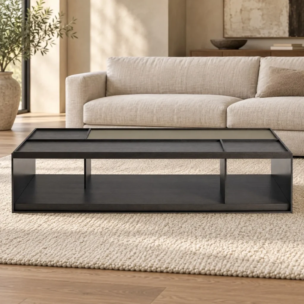 Black Veneer Grid Coffee Table with Open Shelf, 130 x 60 cm in black — front view