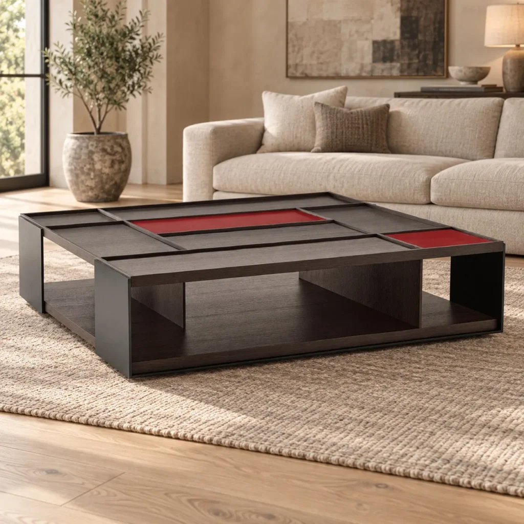 Black Veneer Grid Coffee Table with Red Inlay, 130 x 120 cm in black — front view