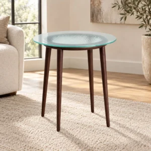 Round Textured Glass Side Table on Walnut Tripod, 50 cm in walnut — front view