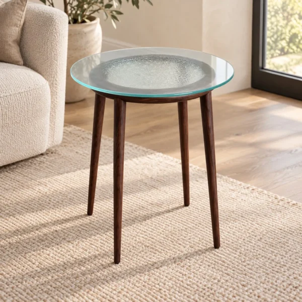 Round Textured Glass Side Table on Walnut Tripod, 50 cm in walnut — in a room setting