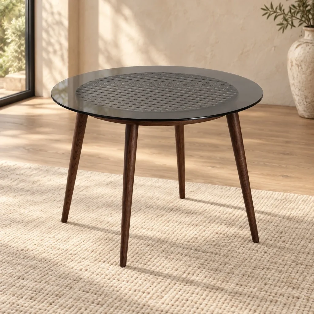 Round Smoked Glass Side Table on Walnut Tripod, 65 cm in walnut — front view
