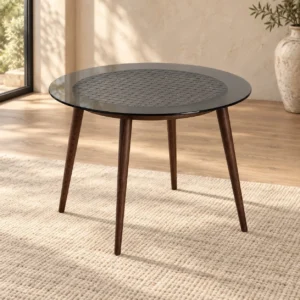 Round Smoked Glass Side Table on Walnut Tripod, 65 cm in walnut — front view