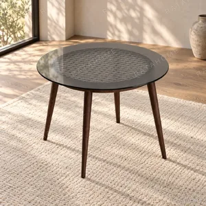 Round Smoked Glass Side Table on Walnut Tripod, 65 cm in walnut — in a room setting