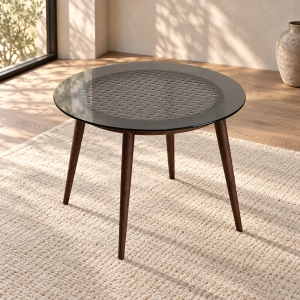 Round Smoked Glass Side Table on Walnut Tripod, 65 cm in walnut — in a room setting