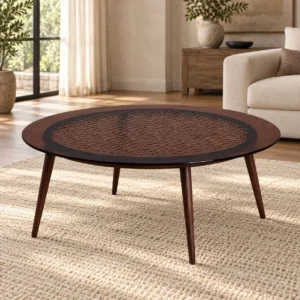 Round Smoked Glass Coffee Table on Walnut Tripod, 90 cm in walnut — front view