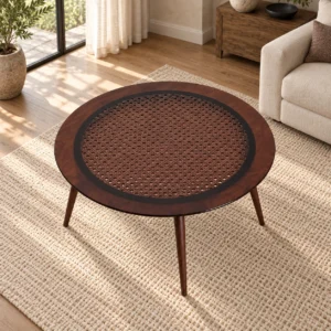 Round Smoked Glass Coffee Table on Walnut Tripod, 90 cm in walnut — in a room setting