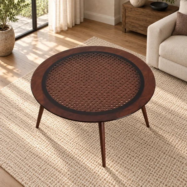 Round Smoked Glass Coffee Table on Walnut Tripod, 90 cm in walnut — in a room setting