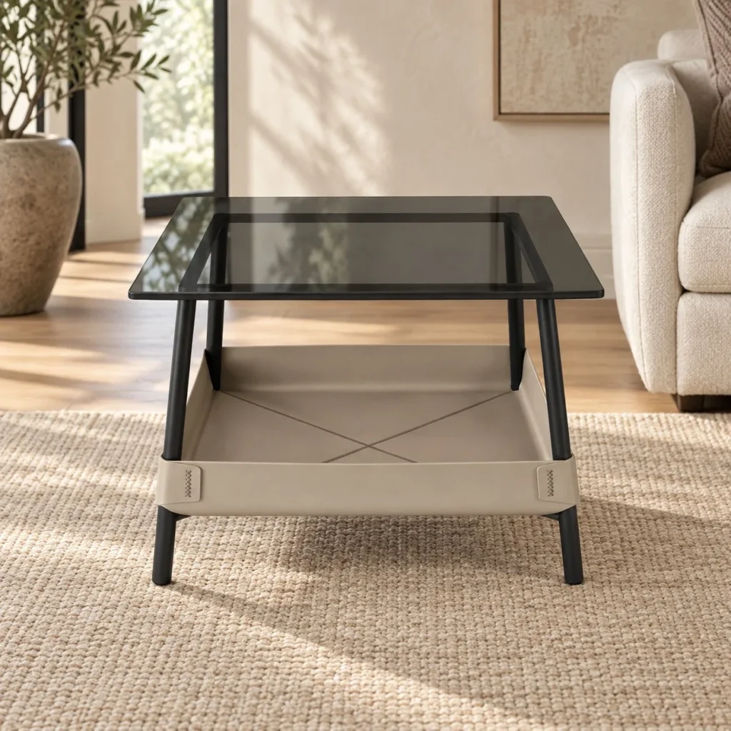 Square Smoked Glass Side Table with Saddle Leather Tray in black — front view