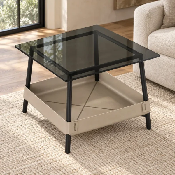 Square Smoked Glass Side Table with Saddle Leather Tray in black — in a room setting