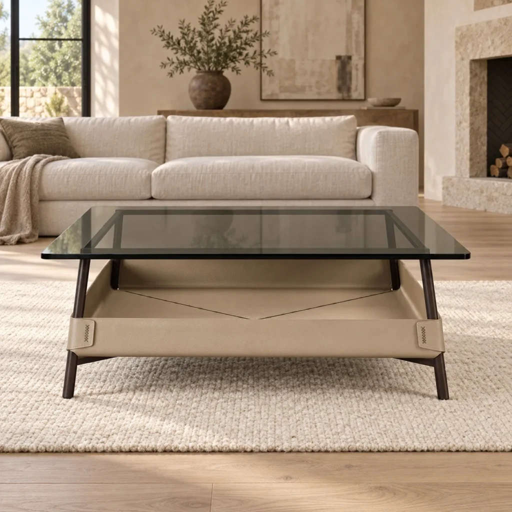 Square Smoked Glass Coffee Table with Saddle Leather Tray in black — front view