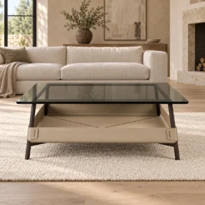 Square Smoked Glass Coffee Table with Saddle Leather Tray in black — front view