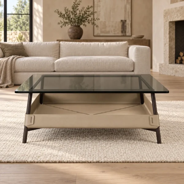 Square Smoked Glass Coffee Table with Saddle Leather Tray in black — in a room setting