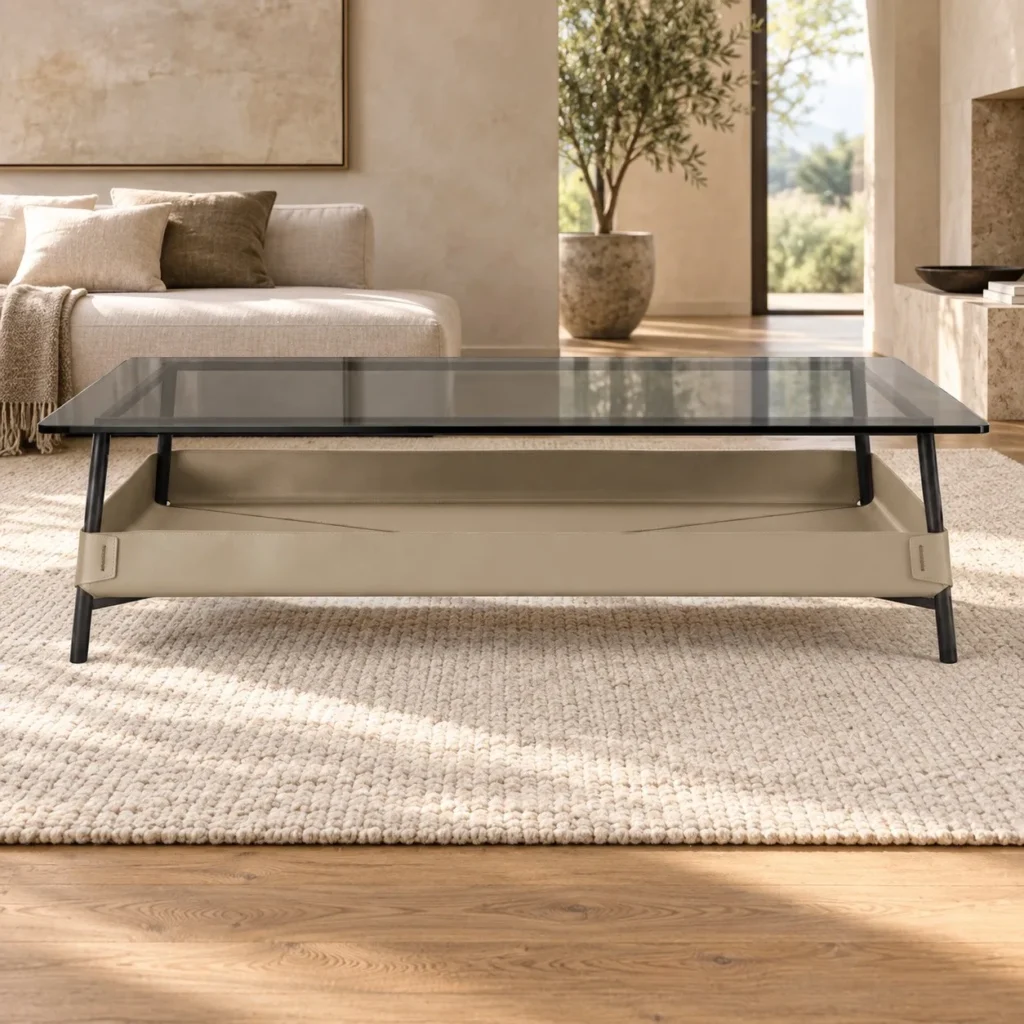 Rectangular Smoked Glass Coffee Table in black — in a room setting