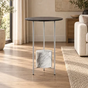 Round Black Glass Side Table with Marble Cylinder, 40 cm in black — front view