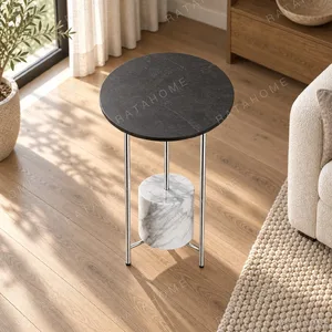 Round Black Glass Side Table with Marble Cylinder, 40 cm in black — in a room setting