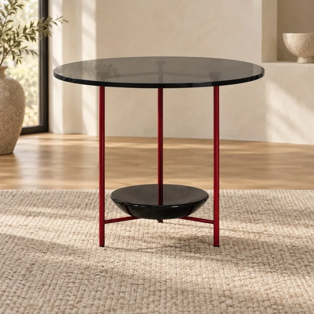Round Smoked Glass Side Table with Black Marble Bowl, 56 cm in black — front view
