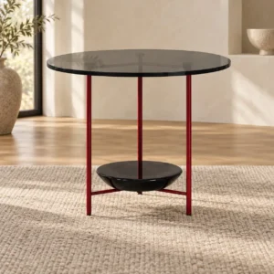 Round Smoked Glass Side Table with Black Marble Bowl, 56 cm in black — front view