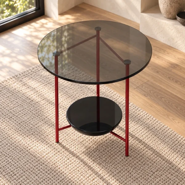 Round Smoked Glass Side Table with Black Marble Bowl, 56 cm in black — in a room setting