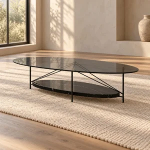 Oval Smoked Glass Coffee Table in black — in a room setting