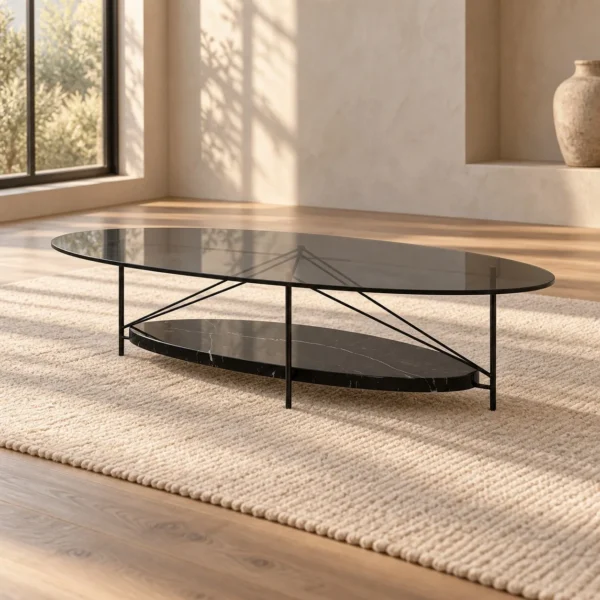Oval Smoked Glass Coffee Table in black — in a room setting