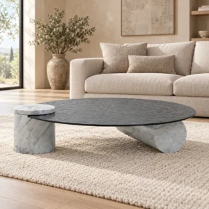 Round Rippled Grey Glass Coffee Table on Marble Cylinders in slate — front view