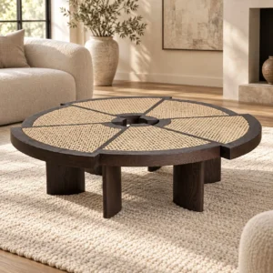 Round Rattan Segment Coffee Table in sand — front view