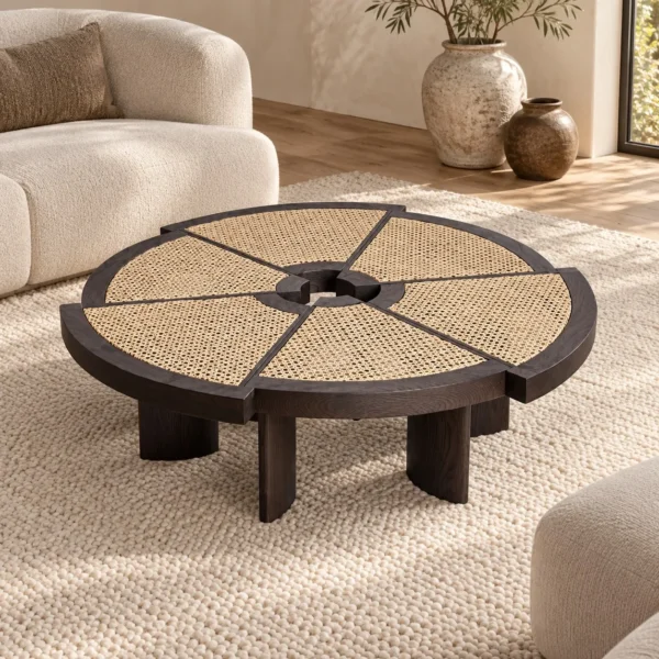 Round Rattan Segment Coffee Table in sand — in a room setting