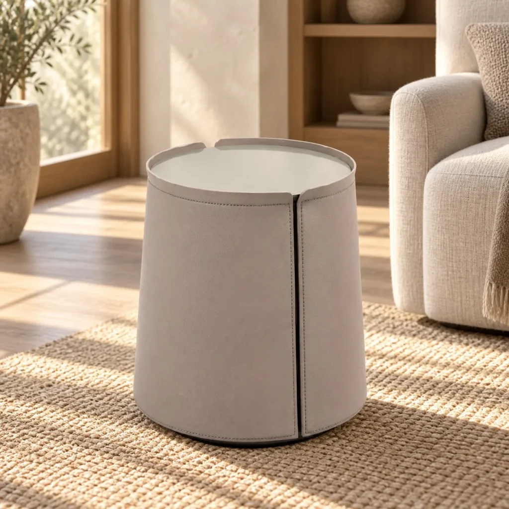 Cream Saddle Leather Drum Side Table, 41 cm in oatmeal — front view