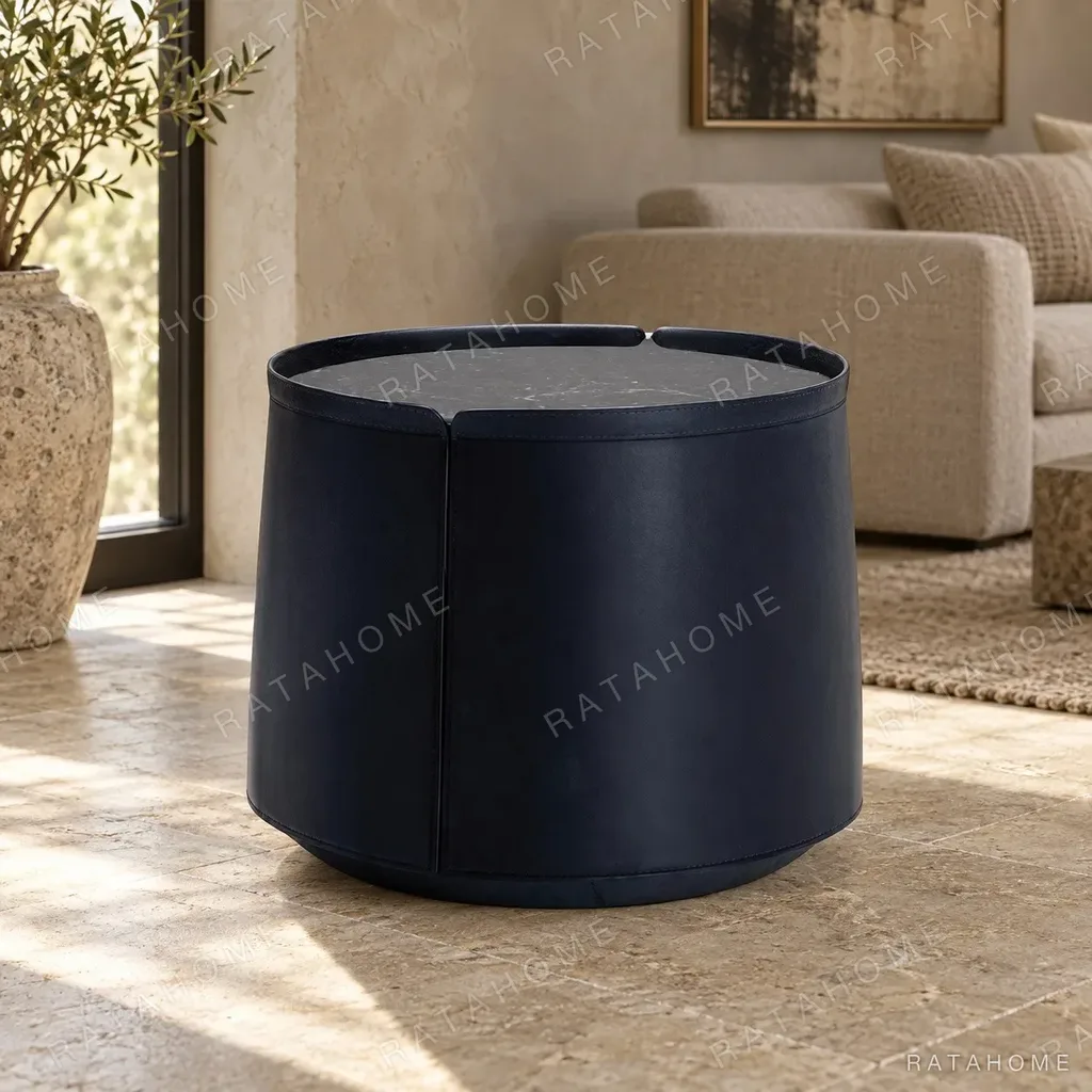 Navy Saddle Leather Drum Side Table, 61 cm in blue — front view
