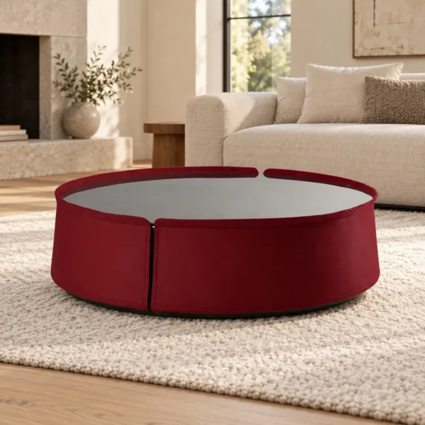 Burgundy Saddle Leather Drum Coffee Table, 102 cm in burgundy — in a room setting
