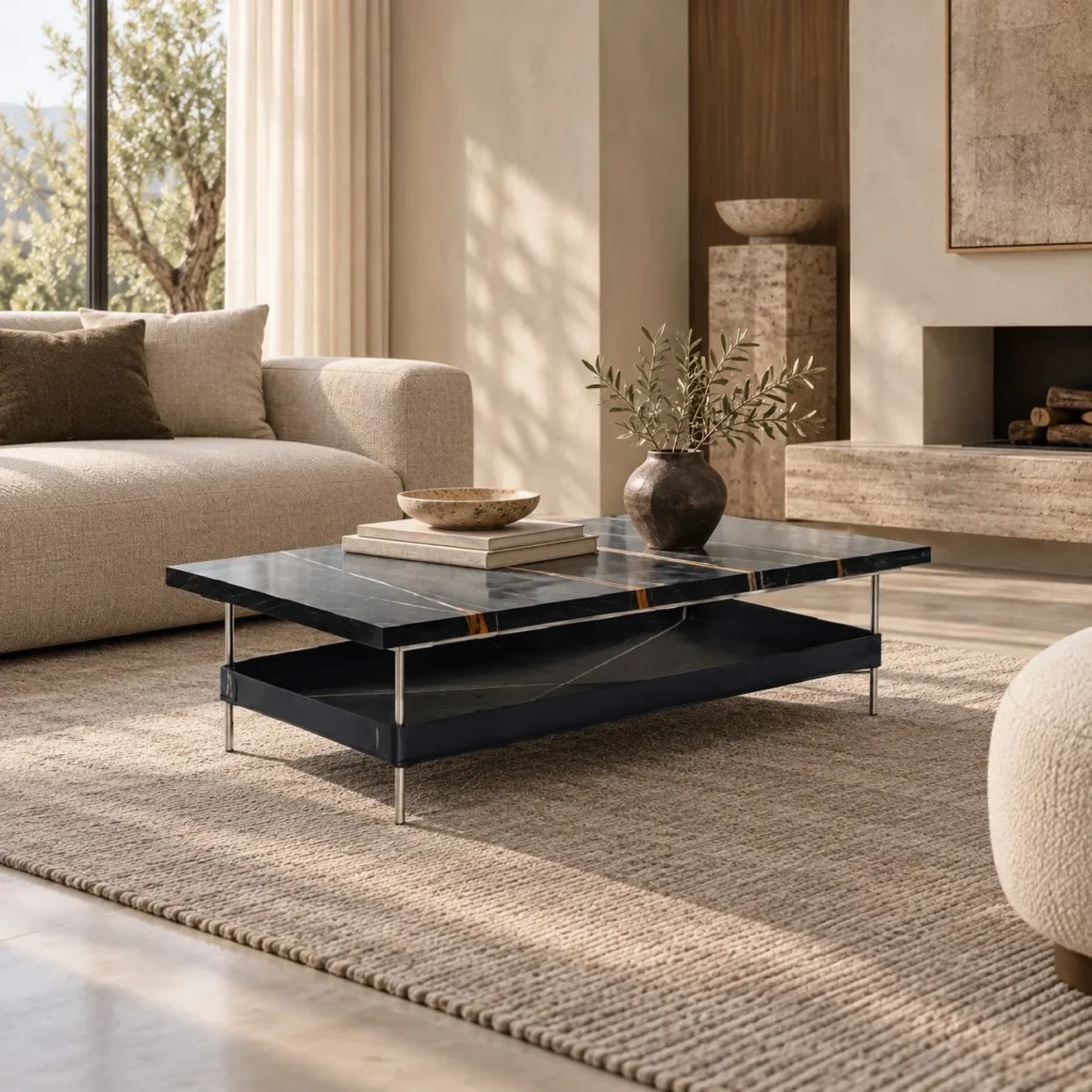 Arion Black Marble Coffee Table with Suspended Leather Sling in black — front view
