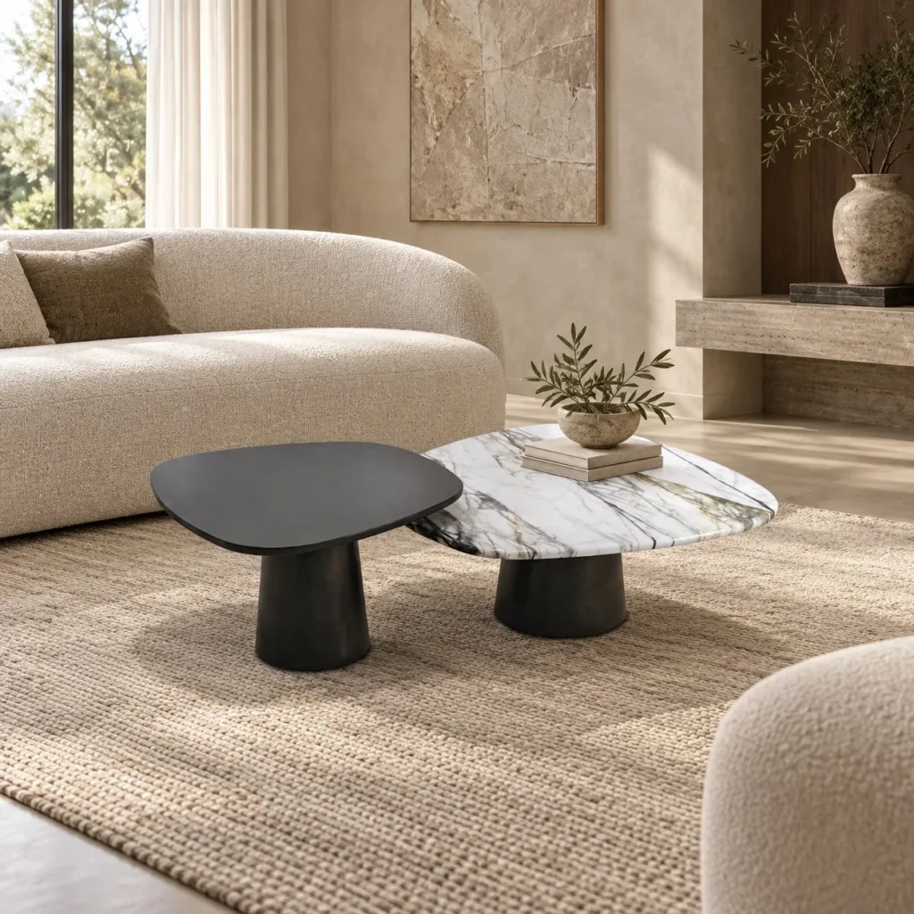 Ripple Coffee Table Set of 2 in Black and Veined Marble — front view