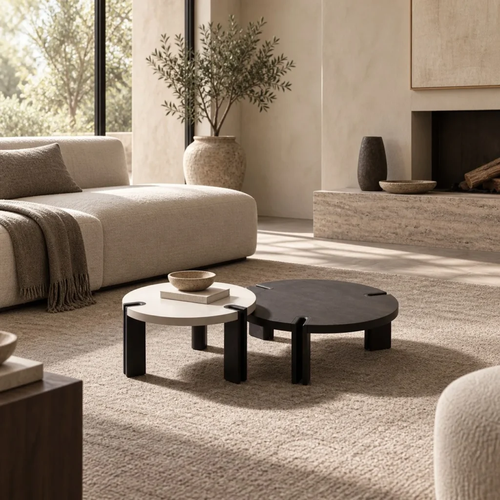 Torando Round Coffee Table Set of 2 with U-Shaped Wood Legs in ivory — front view