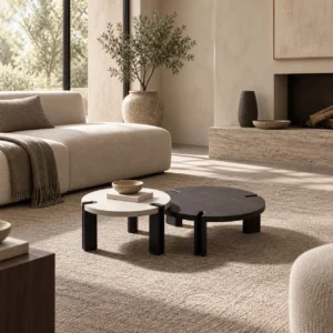 Torando Round Coffee Table Set of 2 with U-Shaped Wood Legs in ivory — front view