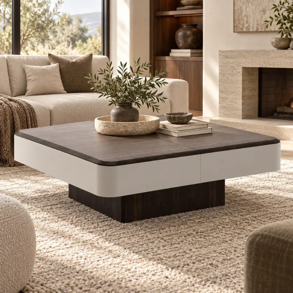 Two-Tone Veneer Coffee Table with Drawers on Walnut Plinth in walnut — front view