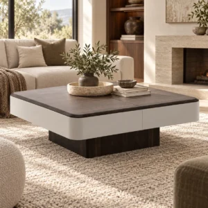 Two-Tone Veneer Coffee Table with Drawers on Walnut Plinth in walnut — front view
