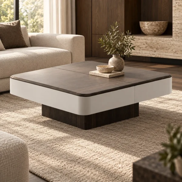 Two-Tone Veneer Coffee Table with Drawers on Walnut Plinth in walnut — in a room setting