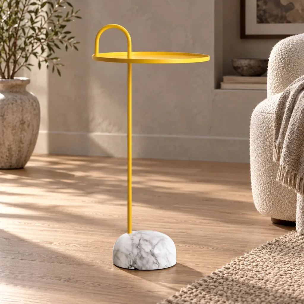 Yellow Metal Handle Side Table on Marble Base, 36 cm in mustard — front view
