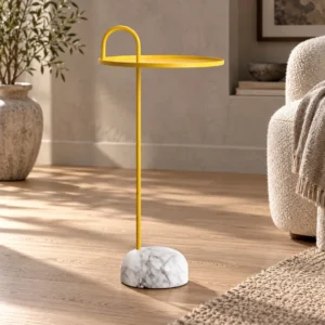 Yellow Metal Handle Side Table on Marble Base, 36 cm in mustard — front view