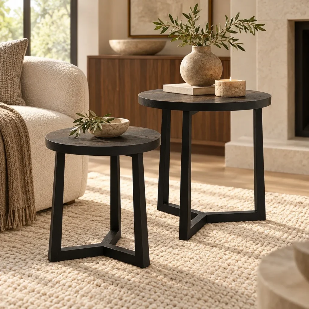 Round Black Veneer Side Table Pair in black — front view