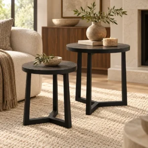 Round Black Veneer Side Table Pair in black — front view