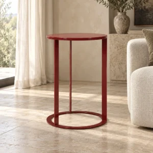 Round Red Lacquer Side Table on Red Metal Ring Base, 38 cm in red — front view