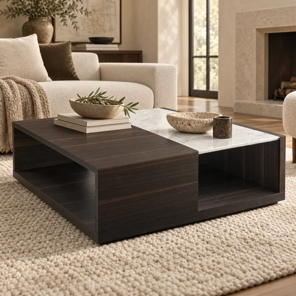 Dark Veneer Coffee Table with Marble Inset and Open Shelves in black — front view