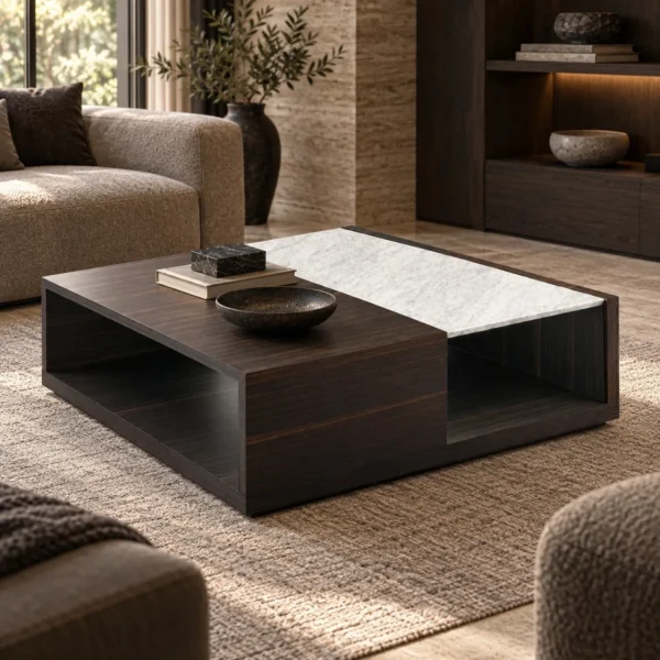 Dark Veneer Coffee Table with Marble Inset and Open Shelves in black — in a room setting